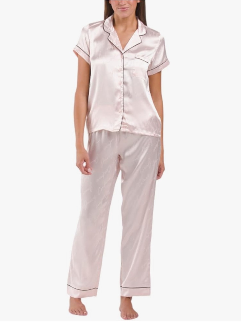 Juicy Couture Light Pink Rhinestone Satin Button Down Shirt and Pants Pajama Set
